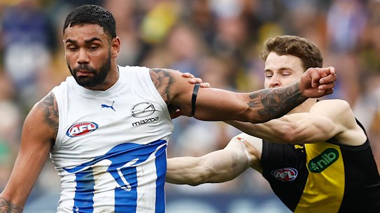 Tarryn Thomas on the field for the Roos last season.