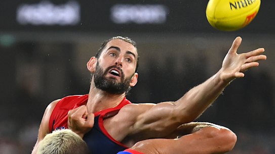 Brodie Grundy of the Demons and Rory Lobb of the Bulldogs compete in the ruck during round one.