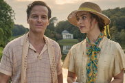 Andrew Scott, who plays the bohemian lord of the next-door manor Merlin, and Lily James as Linda in The Pursuit of Love.
