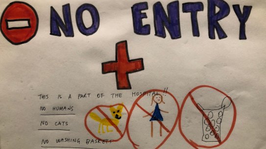 The sign on the front of Lisa Hounsley’s “laundry hospital” at home.