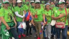 Marie-Lyn Pepito, centre-front, wiht her Duterte Supporters squad at a rally in Tagum on Thursday.