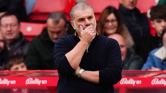 Nottingham Forest head coach Ange Postecoglou reacts during the English Premier League soccer match between Nottingham Forest and Chelsea, in Nottingham, England, Saturday, Oct. 18, 2025. (Mike Egerton/PA via AP)