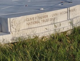 Inscriptions on the base of the new shrine to Clive Palmer.