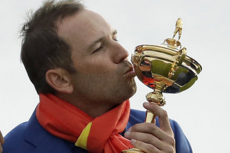 Sergio Garcia kisses the Ryder Cup trophy after Europeâs win in 2018.