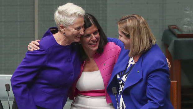 Crossbench MPs Kerryn Phelps, Julia Banks and Rebekha Sharkie celebrate 