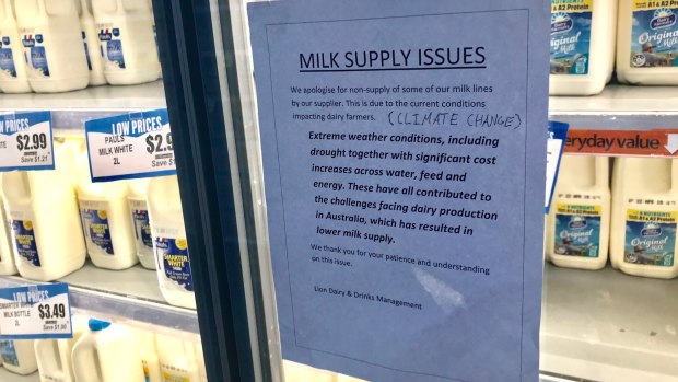 A sign informing customers at the Summer Hill IGA that there was a milk shortage.