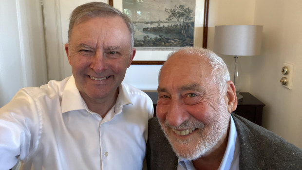 Anthony Albanese with Nobel laureate Joseph Stiglitz. The US economist says Australia is in a fragile economic position.