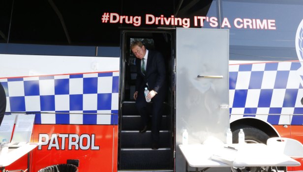 Former deputy premier Troy Grant tours a Police Drug Testing Bus in Dubbo in 2015. 