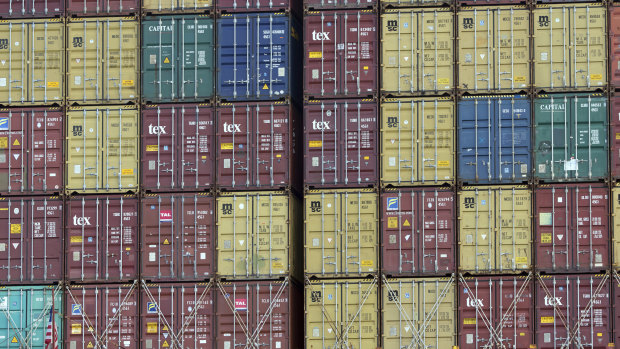 A bay of shipping containers on board a ship at the Port of Savannah in Georgia, US.