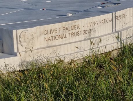 Inscriptions on the base of the new shrine to Clive Palmer.