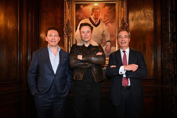 Elon Musk, Nigel Farage and (left) Reform UK treasurer and property billionaire Nick Candy at Mar-a-Lago.