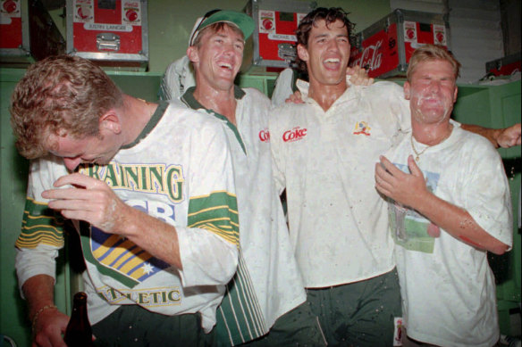 Australian bowlers Paul Reiffel, Glenn McGrath, Brendon Julian and Shane Warne. 