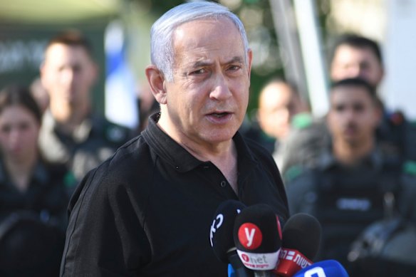 Israeli Prime Minister Benjamin Netanyahu meets with Israeli border police in Lod, near Tel Aviv.