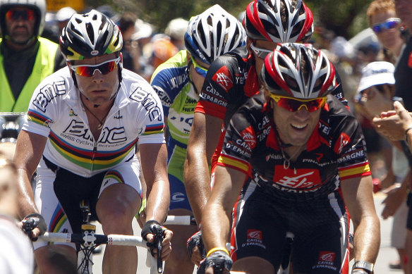 Cadel Evans in the rainbow jersey in the 2010 Tour Down Under.