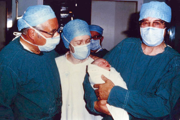 Patrick Steptoe (left), Jean Purdy and Dr Robert Edwards with the world’s first IVF baby Louise Brown in 1978.