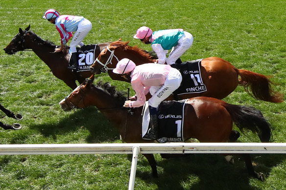 Jockey Hugh Bowman (in pink) on board Anthony Van Dyck in the Melbourne Cup.