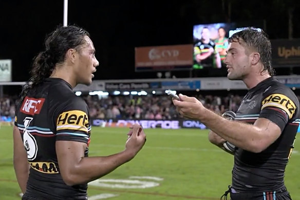 Jarome Luai and Jaeman Salmon have words in front of Channel Nine’s cameras after full-time.