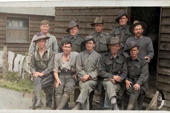 Jack Fahey, centre in back row, with fellow recruits in training before being sent to the Western Front.