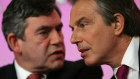 Former British prime ministers Gordon Brown, left, and Tony Blair. 