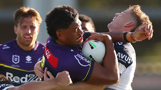 Stefano Utoikamanu in action for the Melbourne Storm during the trials.