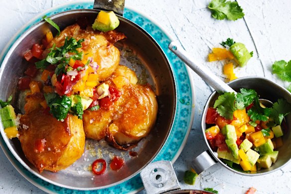 Adam Liaw's squashed potatoes with avocado salsa.
