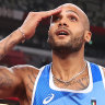 US-born Lamont Marcell Jacobs celebrates his success at the Tokyo Olympics.