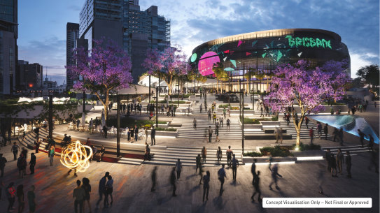An artist’s render of the Brisbane Live entertainment precinct, which will emerge above Roma Street metro station. 