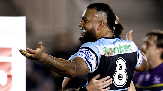 Fonua-Blake celebrates a try for Cronulla