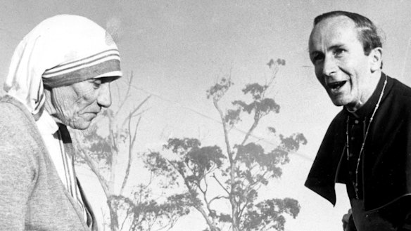 Mother Teresa in Melbourne in 1975 with Catholic Archbishop Frank Little to open the Corpus Christi Centre, for aged suffering men, in Greenvale.