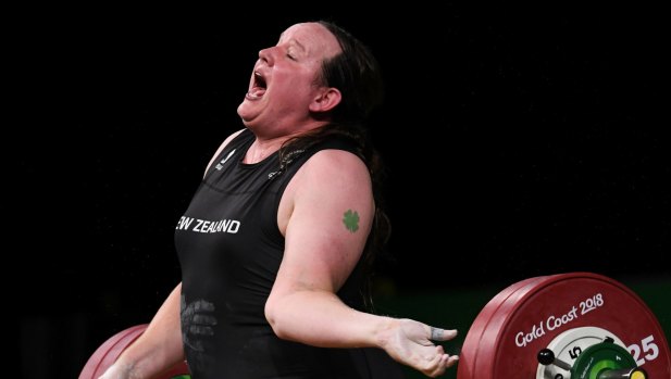 Laurel Hubbard of New Zealand injures herself during for the Women's +90kg Weightlifting Final on day five of the XXI Commonwealth Games, at the Gold Coast, Australia, Monday, April 9, 2018 . (AAP Image/Dean Lewins) NO ARCHIVING, EDITORIAL USE ONLY