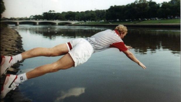 Jim Courier jumping in the Yarra after winning the Australian Open in 1993. 
