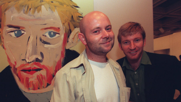 Adam Cullen with his Archibald Prize-winning portrait of David Wenham, and Wenham, in 2000.
