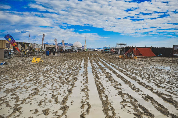Blue skies return to Black Rock City after heavy rain turned the desert playground into a mud pit.