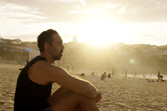 Adam Goodes in a reflective moment in The Australian Dream. 