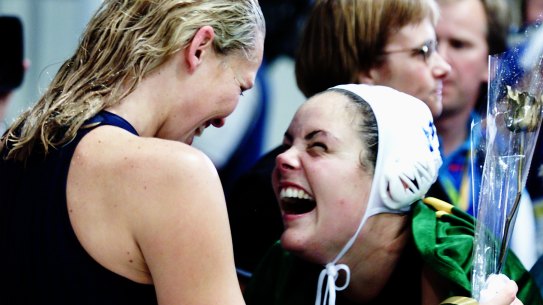 Gail Miller and Yvette Higgins celebrate Higgins' winning goal.