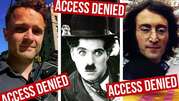 A composite image of Australian writer Alistair Kitchen, film director and actor Charlie Chaplin, and musician John Lennon with the words “access denied” superimposed across the composite.
