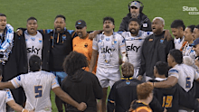 Moana Pasifika sing after winning the round 16 Super Rugby match.