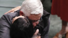 Former Minister for Indigenous Australians Ken Wyatt embraces his then Labor opposite number Linda Burney after the Prime Minister’s Closing the Gap statement to parliament in 2020.