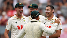Scott Boland celebrates dismissing Ollie Pope. 
