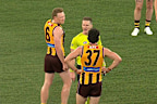 Tom Barrass and James Sicily express their frustration with umpire Hayden Meyer