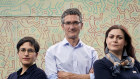 Greens candidates Gabrielle de Vietri (left), Campbell Gome (centre), and Kim Samiotis, in front of the Keith Haring mural in Collingwood, are looking to win seats off Labor in Richmond, Northcote and Albert Park.
