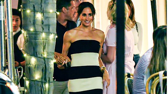 Meghan, Duchess of Sussex leaving a restaurant in Motecito, California, wearing a dress by Australian label Posse.