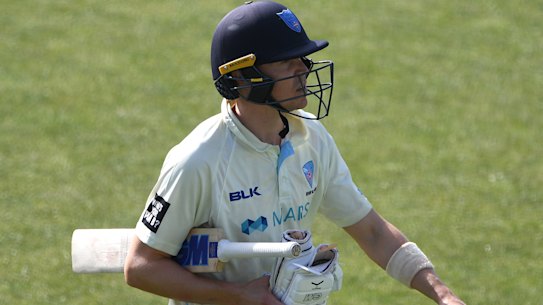 Nick Larkin leaves the field after his dismissal against the Tigers this week.