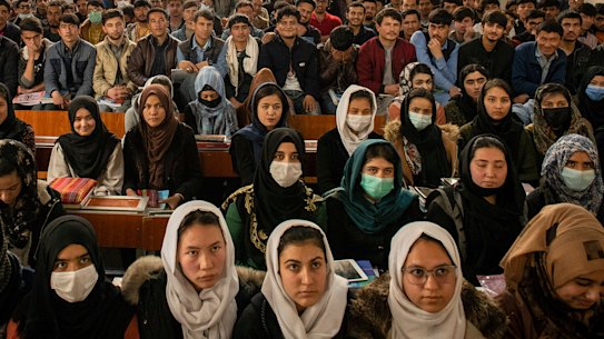 Students at Mawoud Academy in Kabul, Afghanistan, on March 10, 2021. 