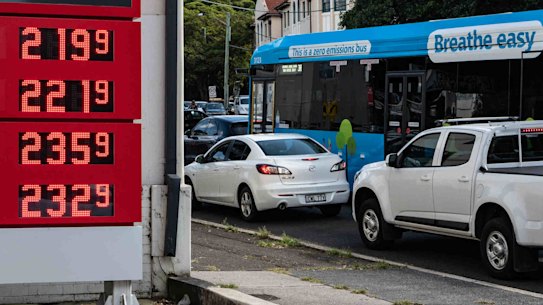 Fuel prices are listed on a fuel price board at Ampol petrol station in North Bondi.