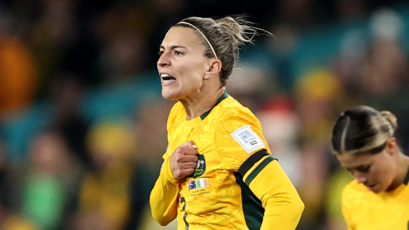 Steph Catley celebrates after scoring the first goal for Australia at the World Cup against Ireland.