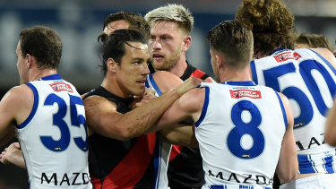 Dylan Shiel during Essendon's win over the Roos. 