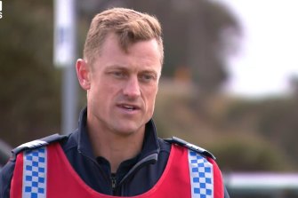 Acting Sergeant Joel Magno-Thorton updates the media on the search for a missing Melbourne man in Victoria’s high country.