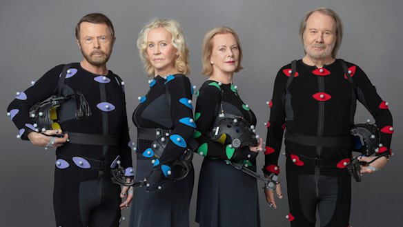 Not the album cover you expected ... ABBA band members Björn Ulvaeus, Agnetha Fältskog, Anni-Frid Lyngstad (Frida) and Benny Andersson in motion capture suits during the making of ABBA Voyage.