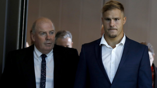 St George Illawarra Dragons player Jack De Belin arrives at the NSW Federal Court in Sydney on Wednesday. 